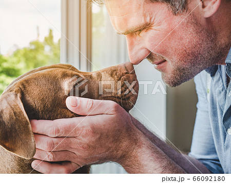 Handsome man and a charming puppy. Close-up Handsome man and a charming puppy. Close-up 66092180