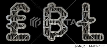 Mechanical alphabet made from rivet metal with gears on black background. Set of symbols lira, baht, litecoin. 3D Mechanical alphabet made from rivet metal with gears on black background. Set of symbols lira, baht, litecoin. 3D 66092462