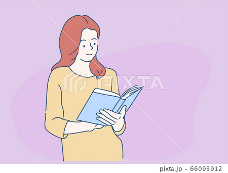 Young happy woman reading a book and smiling. Hand drawn in thin line style, vector illustrations. 66093912