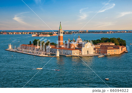 Aerial view of Venice lagoon with boats and San Giorgio di Maggiore church. Venice, Italy Aerial view of Venice lagoon with boats and San Giorgio di Maggiore church. Venice, Italy 66094022