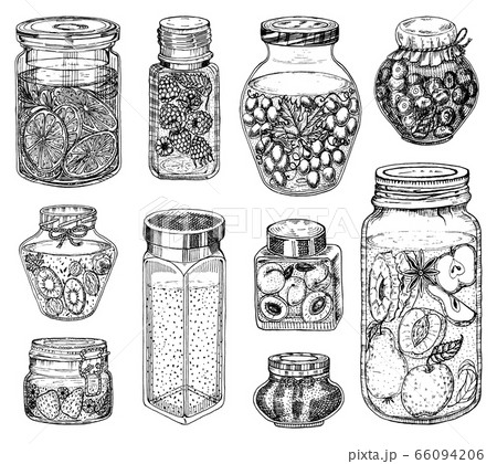 Glass jars with berry jam and fruit set. Vintage bottles with orange, raspberries and cherries. Hand Glass jars with berry jam and fruit set. Vintage bottles with orange, raspberries and cherries. Hand 66094206