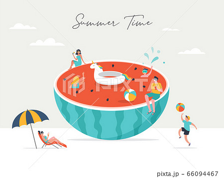Summer scene, group of people having fun around a huge watermellon, surfing, swimming in the pool 66094467