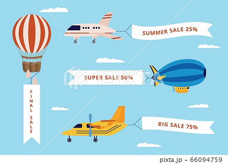 Set of airplane, airship and balloon with banners with text. 66094759