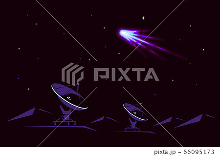Space banner design with radiotelescope and comet in the sky, flat style illustration 66095173