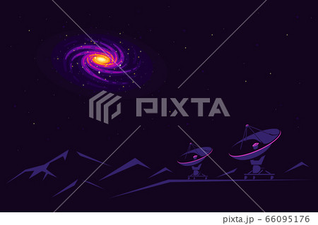 Space banner design with radiotelescope and galaxy view in the sky, flat style illustration 66095176
