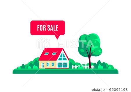 Summer landscape with country house and sign for sale. Flat style vector. 66095198