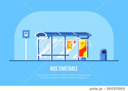 Bus Stop With Bus Stop Sign And Trash Binのイラスト素材
