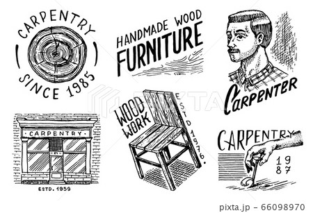 Wooden labels set for Workshop or signboards. Woodworker carpenter man, joiner and furniture and Wooden labels set for Workshop or signboards. Woodworker carpenter man, joiner and furniture and 66098970