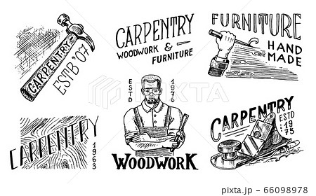 Wooden labels set for Workshop or signboards. Woodworker carpenter man, joiner and Hammer. Vintage 66098978