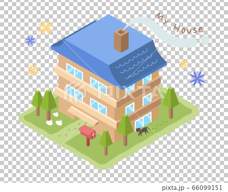 青い屋根の一軒家のイラスト（三階建て） 66099151