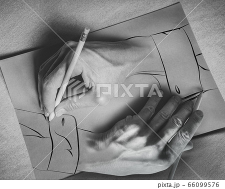 Drawing hands. Two hands draw each other with a pencil on a sheet. Photography and illustration. Drawing hands. Two hands draw each other with a pencil on a sheet. Photography and illustration. 66099576