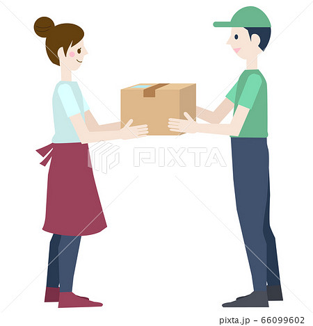 荷物を受け取る女性と男性配達員のイラスト素材