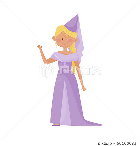Smiling Princess with Blonde Hair Wearing Cone Shaped Hat and Dressy Look Garment Vector Illustration 66100033