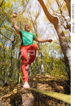 A bearded man aged balancing on a slackline in the autumn forest on a sunny day. The concept of sports leisure at the age of forty 66100761