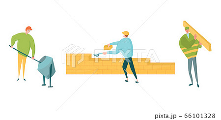 Construction workers characters set. Stirring concrete, laying bricks, carrying timber. Construction workers characters set. Stirring concrete, laying bricks, carrying timber. 66101328