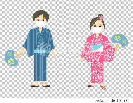 マスク 浴衣 男の子 女の子のイラスト素材