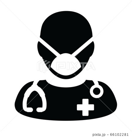 Health icon vector doctor with face mask male person profile avatar symbol with stethoscope for medical consultation in Glyph Pictogram illustration 66102281