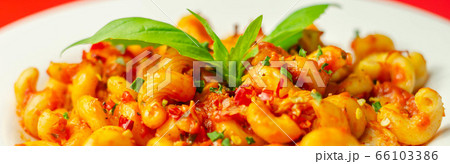 Cooked cellentani pasta with cooked chicken breast 66103386