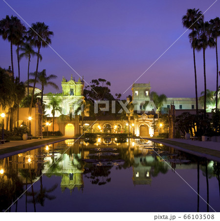 Balboa Park at dusk, buildings reflections, San Diego 66103508