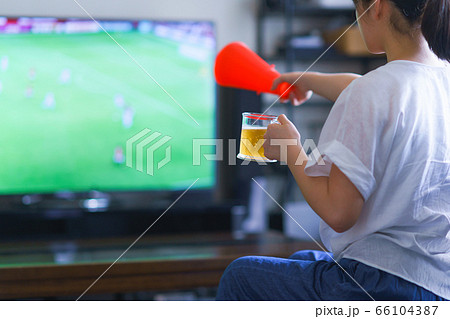 家でスポーツをテレビ観戦する若い女性のイメージ【プロサッカーの動画配信サービス】 家でスポーツをテレビ観戦する若い女性のイメージ【プロサッカーの動画配信サービス】 66104387