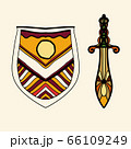 The stylized shield and sword are located side by side, presenting the idea of chivalry and the old European aristocracy. 66109249