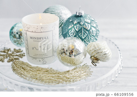 Tray with christmas decorations and candle Tray with christmas decorations and candle 66109556