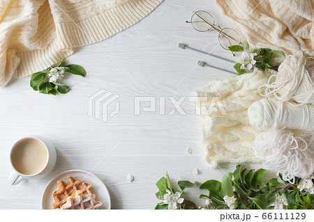 Knitting, knitting needles, yarn, coffee and waffles stand on a white wooden background. Surrounded by branches of a blossoming apple tree. Flatlay. 66111129