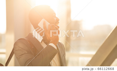 Cheerful Businessman Talking On Phone Walking In Airport, Panorama 66112668