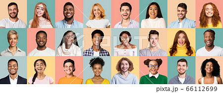 Young Men And Women Portraits Over Blue And Pink Backgrounds 66112699