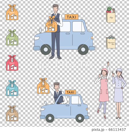 買い物のデリバリーをするタクシー運転手の若い男性セット 66113437