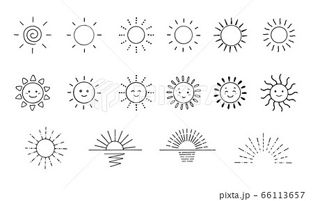 手書き線画の太陽アイコンセットのイラスト素材