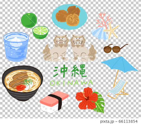 沖縄の食べ物や名産品のセットのイラスト素材