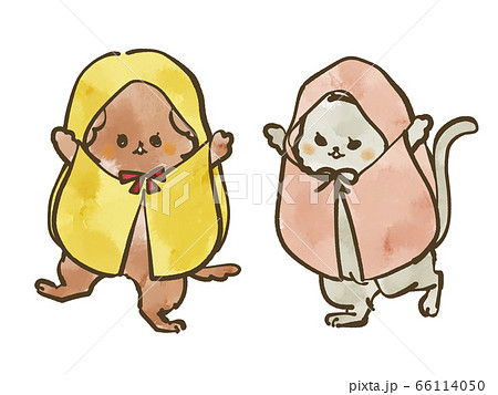 レインコートを着た犬と猫 水彩のイラスト素材