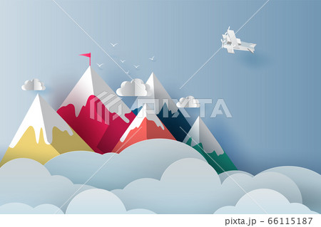 Nature Landscape Plane flying over targeted top colorful mountain with red flag on blue sky. 66115187