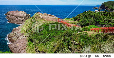 青い日本海を背景に赤い鳥居が並ぶ元乃隅神社(元乃隅稲成神社) 山口県長門市 青い日本海を背景に赤い鳥居が並ぶ元乃隅神社(元乃隅稲成神社) 山口県長門市 66116960