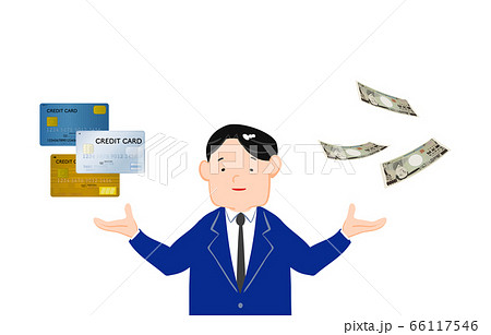 クレジットカードと現金を示す男性のイラスト カードキャッシングのイメージのイラスト素材