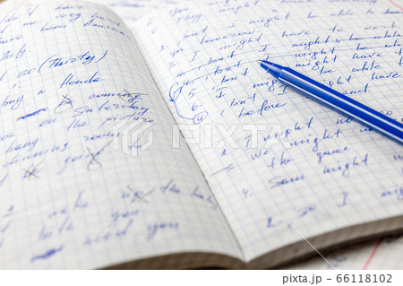 Sheets of school student notebook scribbled with a blue ballpoint pen. 66118102