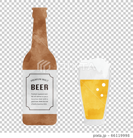 瓶ビールとグラスビールの水彩画のイラスト素材