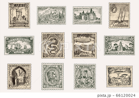 Vintage Postage Stamps Set Ancient Landscapes Stock Vector