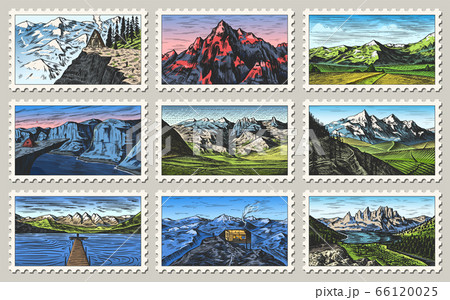 Vintage Post stamps set. Etching mountain landscapes. Retro old Mount Sketch. Monochrome Postcard 66120025