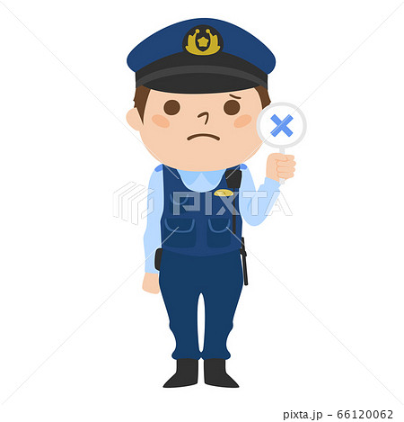 不正解のバツマークを出している男性警察官のイラスト。 不正解のバツマークを出している男性警察官のイラスト。 66120062