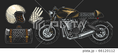Motorcycle or Bike, retro motor bicycle. Leather bag, helmet and gloves. Hand drawn engraved 66120112