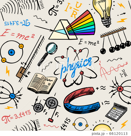 Physics or education Seamless pattern. Icons and formulas background. Atomic nuclear experiments 66120113