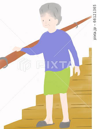 膝が痛くて階段を降りるのが辛い高齢者の女性のイラスト素材