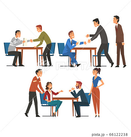 Business Negotiations Set, Businesspeople Sitting at Table and Discussing Work Strategy, Exchanging Information, Solving Problems Cartoon Vector Illustration 66122238