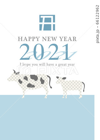 2021年丑年　牛シルエットの年賀状テンプレート（水色） 66122962