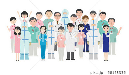 笑顔で手を振る医療従事者たちのイラスト素材
