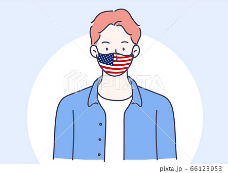 Masked man with a flag of the United States of America. Hand drawn in thin line style, vector illustrations. (A Mask can be removable) Masked man with a flag of the United States of America. Hand drawn in thin line style, vector illustrations. (A Mask can be removable) 66123953