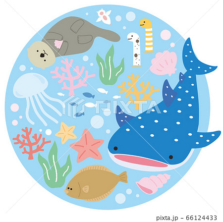 かわいい 水族館 アクアリウム お魚 丸型カットのイラスト素材 66124433 Pixta