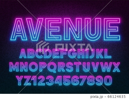 Pink Blue gradient neon alphabet on a dark background . 66124635